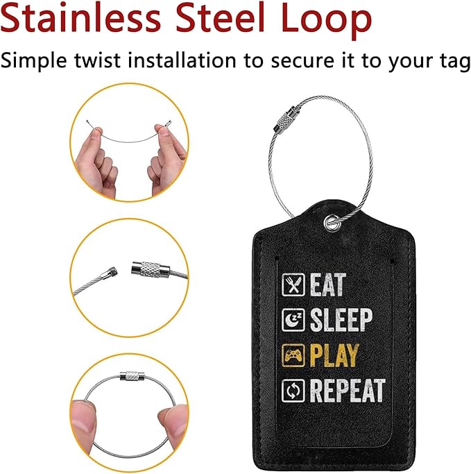 GACCAP 2 Pack Luggage Tags for Suitcase, Privacy Cover ID Label with Stainless Steel and Address Card for Travel Bag Backpack Cruise Ship Essentials Tag Men Boys - Eat Sleep Play Repeat