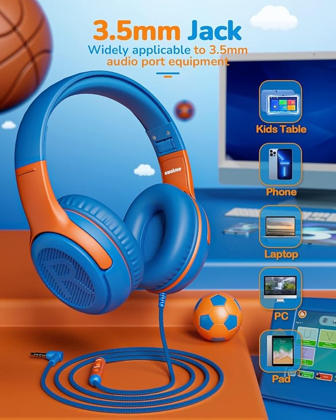 awatrue 2PCS Kids Headphones for School Travel, 85/94dB Safe Volume Limit, 3.5mm Jack, HD Mic, Portable Wired Headphone with Shareport, Stereo Sound On-Ear Headphones for Toddler Kids Girls Boys
