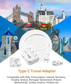European Plug Adapter,EU/UK/US Travel Power Strip with 3 Outlets & 4 USB Ports(3.4A), International Power Adapter with 3 FT Extension Cord Compact for US to EU UK Germany Italy France Cruise