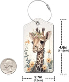 2 Pack Luggage Tag for Suitcase, Cute Unique Leather Bag Tags Identifiers Privacy Cover ID Label with Durable Steel Loop for Women Men Kids Girls Travel，GiraffeH