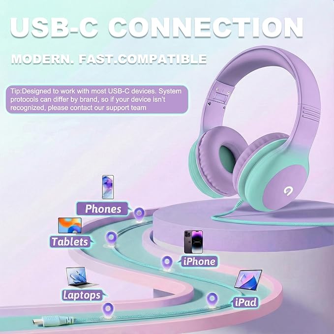 ADOOPE Wired Kids Headphones with USB C Plug, 85dB Safe Volume, Adjustable Headband, Tangle-Free Cord Headphones for School, Tablet, Travel (Lavender & Mint Green, Without Microphone)
