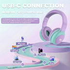 ADOOPE Wired Kids Headphones with USB C Plug, 85dB Safe Volume, Adjustable Headband, Tangle-Free Cord Headphones for School, Tablet, Travel (Lavender & Mint Green, Without Microphone)
