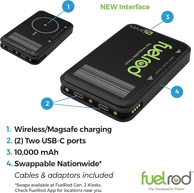 FuelRod MAX10 – High Capacity Portable Charger, Swappable Power, Wireless Charging, USB-C, 10,000mAh
