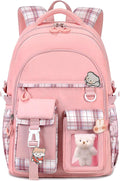 PRLINJSK Girls Backpack，Cute School Backpack for Girls Kids Teens，Kawaii Bookbag for Primary Elementary，Pink