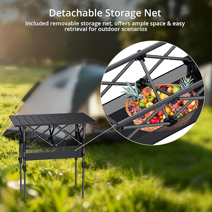 Anbte 2ft Small Roll Up Camping Table, 2 Adjustable Height Aluminum Portable Camping Table with Storage Net & Bag, Lightweight Waterproof Folding Table for Indoor Outdoor BBQ Picnic, 25” X 16”, Black