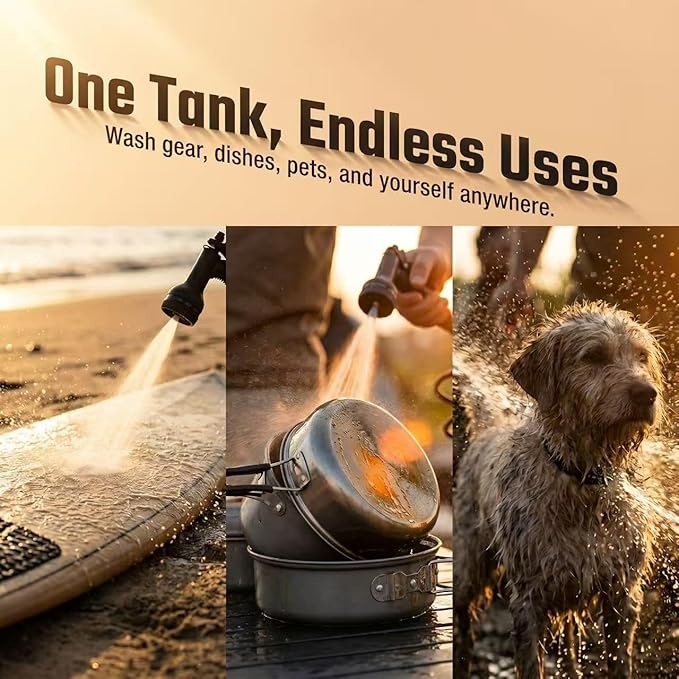 4.5-9 Gallon Pressurized Water Tank,Portable Aluminum Camping Shower Water Storage with Spray Hose for Overland Off-Road Vehicles, Pick-up Trucks,Outdoor Activities Water Supply.