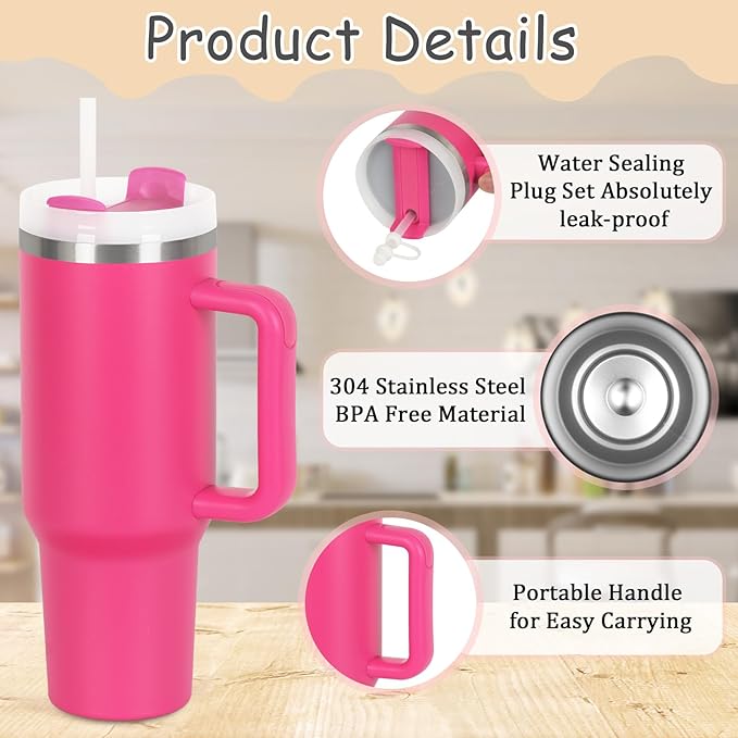 4 Pack 40 Oz Tumblers with Handle Bulk, Double Wall Vacuum Insulated Stainless Steel Tumblers with Lid and Straw, 40 oz Cup with Silicone Spill Proof Stopper Set (Black-2,Hot Pink-2)