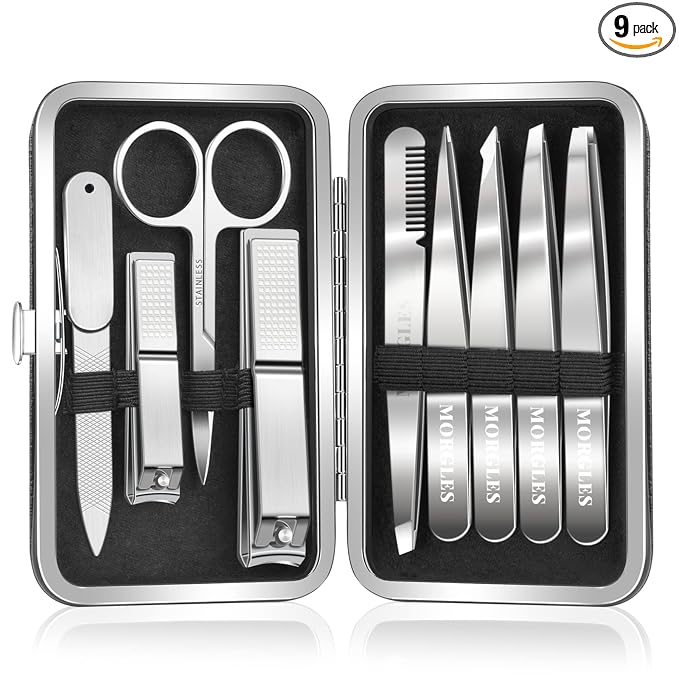 Tweezers and Nail Clipper Set with Case for Men Women, MORGLES 9 Pcs Professional Stainless Steel Tweezers No Gaps