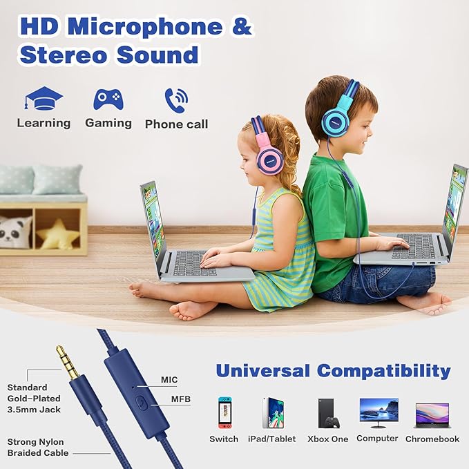 SIMOLIO Kids Headphones with Cord, 75dB/85dB/94dB Volume Limited Wired Headphones with Mic for Kids/Girls/Boys/Children/Teens/Smartphones/School/Airplane Travel/Tablet (Pink)