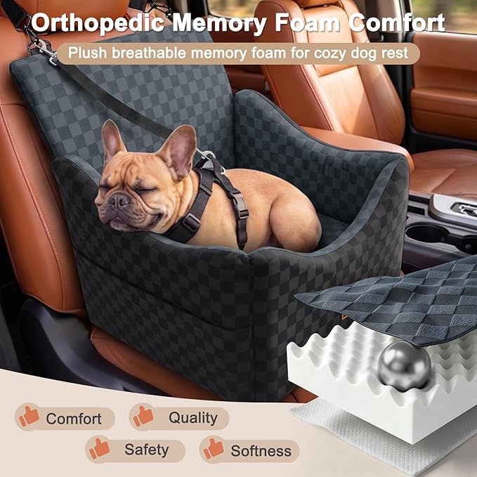 JOEJOY Elevated Dog Car Seat for Small/Medium Dogs up to 35 lbs, Memory Foam Booster Seat with Detachable Washable Cover, Travel-Safe Car Bed with Safety Belts & Storage Pockets, Dark Grey