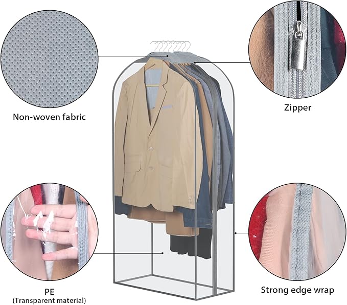Zilink Breathable Garment Bags for Fur Coat 43” Suit Bags for Closet Storage Clear Leather Jacket Covers for Hanging Clothes with 10" Gussted Wrinkle Free for Leather Jacket, Fur Coat, Dress, Set of 4