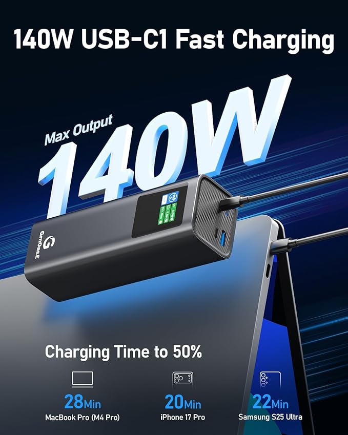 27000mAh Power Bank, 140W Laptop Portable Charger with PD 3.1 Fast Charging, Smart Sisplay, 99Wh Battery Bank for MacBook Pro/Air, iPad Pro, iPhone17/16 Series, Samsung and More(Dark Gray)