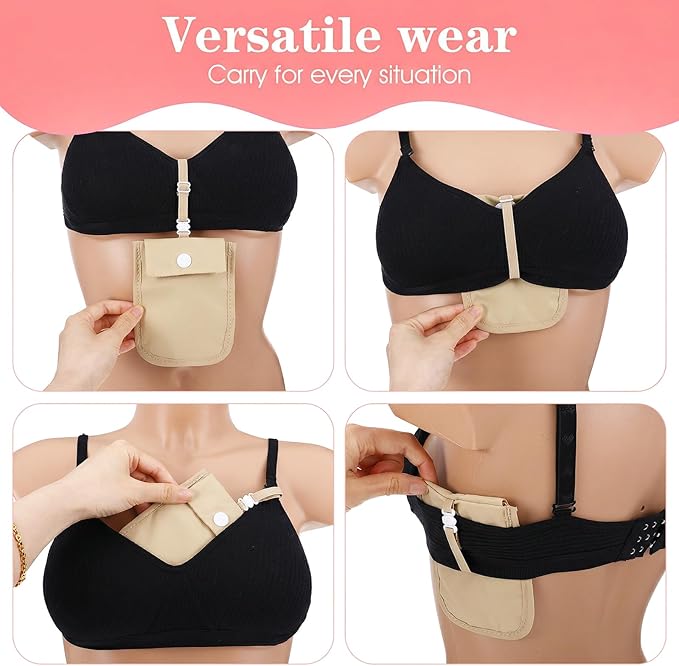 Undercover Bra Wallet, Hidden Travel Pouch with Adjustable Elastic Strap, Secret Stash Pocket for Passport, Credit Cards, Money and Valuables (Khaki)