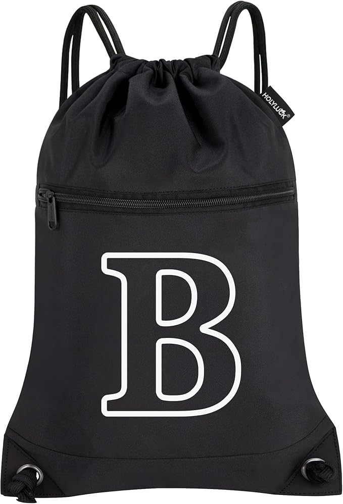 HOLYLUCK Drawstring Bags Initial Backpack Sackpack Cinch Bags for Sports, Gym, Travel, Beach(Black-B)