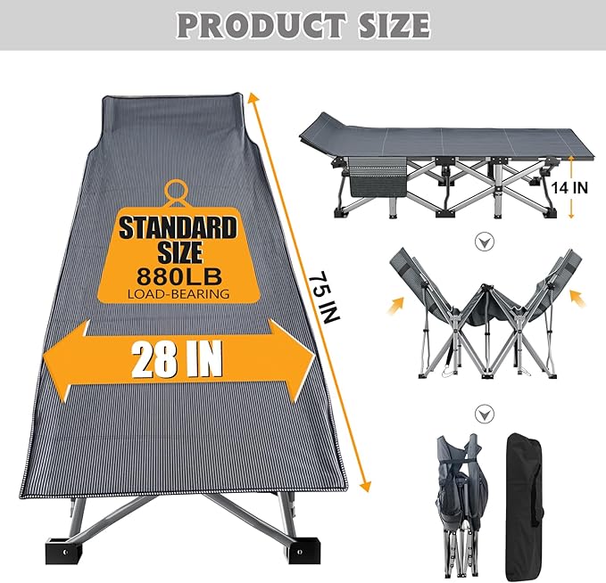 ABORON Camping Cot with 2in Memory Foam Mattress, 900LBS Heavy Duty Sleeping Cot for Adults, Extra Wide Sleeping Cot, 1200D Double Layer Oxford Cot for Camping, Guest, Office Nap