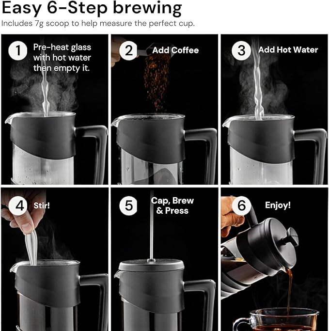 OVENTE French Press Coffee Maker 20 Ounce with Heat Resistant Borosilicate Glass & Stainless Steel 4-Level Filtration System, Portable Cold Brew Coffee Maker for Travel, Camping or Gift, Black FPW20B