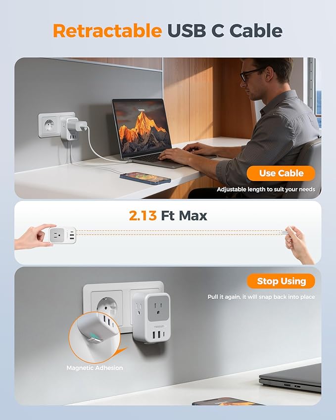 TESSAN European Travel Plug Adapter 2 Pack, Built-in 20W Retractable USB-C Cable, Type C Power Adapter with 3 AC Outlets 4 USB Ports for US to Europe EU Italy Spain France Greece Iceland Germany