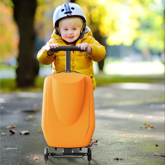 TABU 21" 3-D Hardshell Scooter Suitcase for Kid & Adult, Foldable Carry-on Scooter Luggage with Telescopic Handle, Multifunctional Lightweight Traveling Suitcase for Age 4-15, Orange