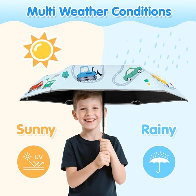 Kids Folding Umbrella Auto Open/Close Umbrellas for Rain Round Corner Safe Design UV Resistant Automatic Children Travel Umbrellas Reinforced Canopy 360° Reflective Strip Lightweight for Girls & Boys