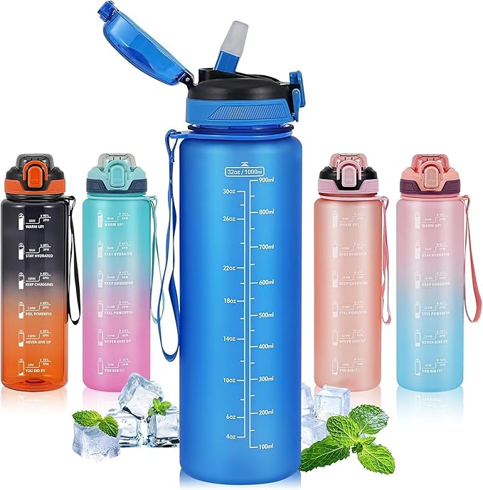Water Bottle with Straw 1L,Boys Water Bottles with Straw 1 Litre,Waterbottle Leak-Proof Sports Water Bottle,Plastic Drinks Bottles Toxin Free，Bpa-Free (Dark Blue)