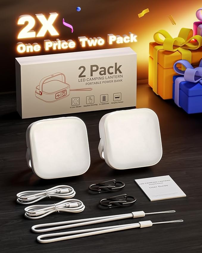 Eventek 2Pack 20000mAh Camping Lights, Camping Lantern Rechargeable Total Up to 200H+ & 4 Lights Modes, Portable IP65 Waterproof Tent Lights for Camp, Outdoor, Power Outages Emergency, Hurricane
