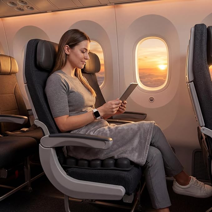 Inflatable Travel Seat Cushion for Airplane - Portable Air Pad with Built-in Pump for Long Haul Flight Essentials - Ergonomic Tailbone & Sciatica Pain Relief, Non-Slip, 15.7x15.7, Black