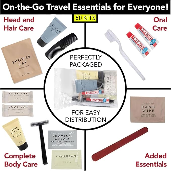Trail maker (50 Pack) Bulk Hygiene Kits – 15-Piece Toiletry Set per Pack for Homeless Care, Travel, Emergency Shelters, TSA Friendly Essentials & Charity Donations