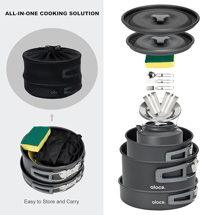 Alocs Camping Cookware Set - Lightweight Camping Pots and Pans - Portable Outdoor Cookware with Kettle - Camping Cookware Mess Kit for 2