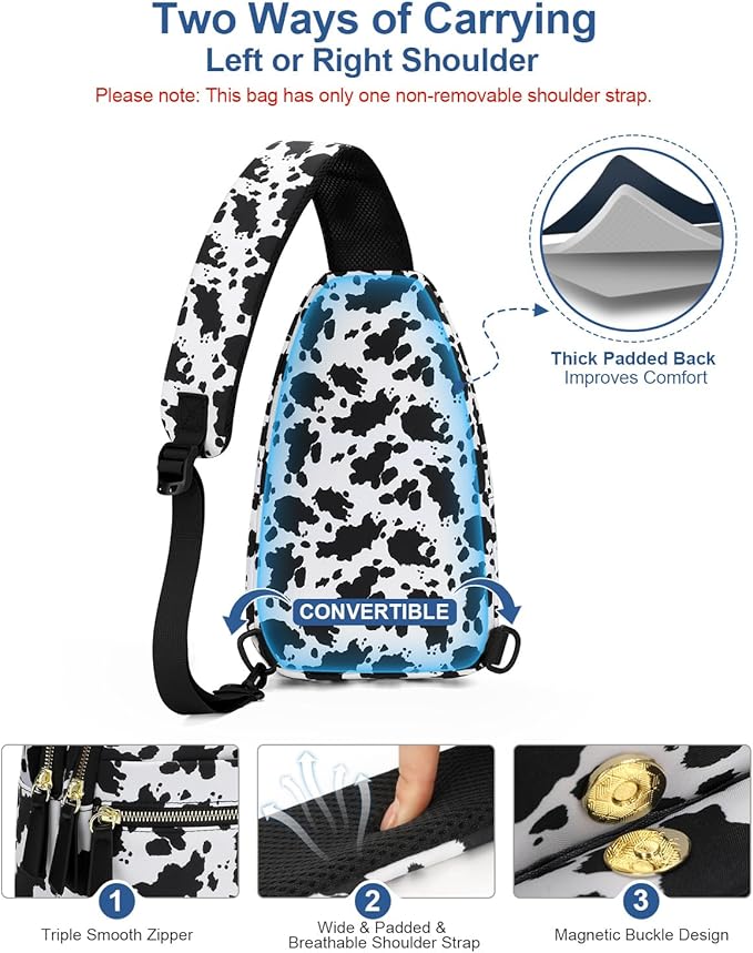 Capolo Sling Bag for Women Men Waterproof Crossbody Bags for Women Trendy Casual Fanny Pack with Convertible Shoulder Strap Chest Bag for Travel Hiking(Cow Print, Medium)