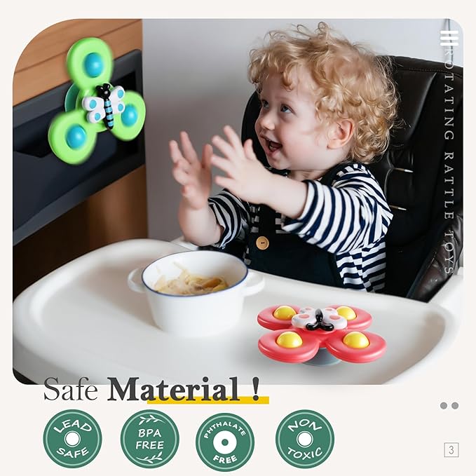 ALASOU 3PCS Suction Cup Spinner Toys for 1 Year Old Boy Girl|Spinning Top 12 18 Months|1 2 Year Old Boy Birthday Gift|Baby Bath Toy for Kids Ages 1-3|Sensory Airplane Travel Toy for Infant Toddlers