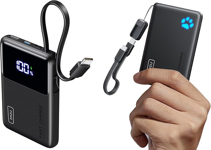 INIU 45W Power Bank, Slimmest 10000mAh Portable Charger with Build in USB-C Cable