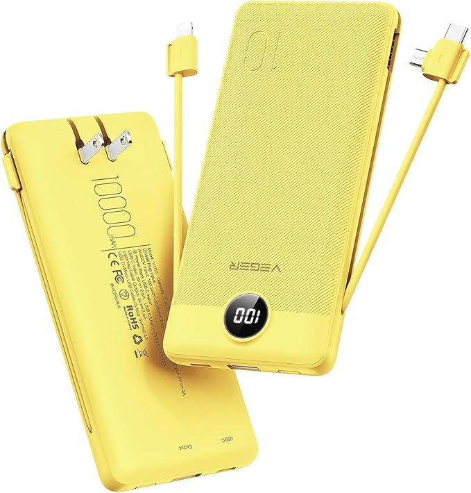 VEGER Portable Charger with Built-in AC Plug and Cables, All in One 10000mAh Ultra Slim Power Bank Travel Essentials, Fast Charging Battery Pack Compatible with iPhone, Samsung, Android (Yellow)