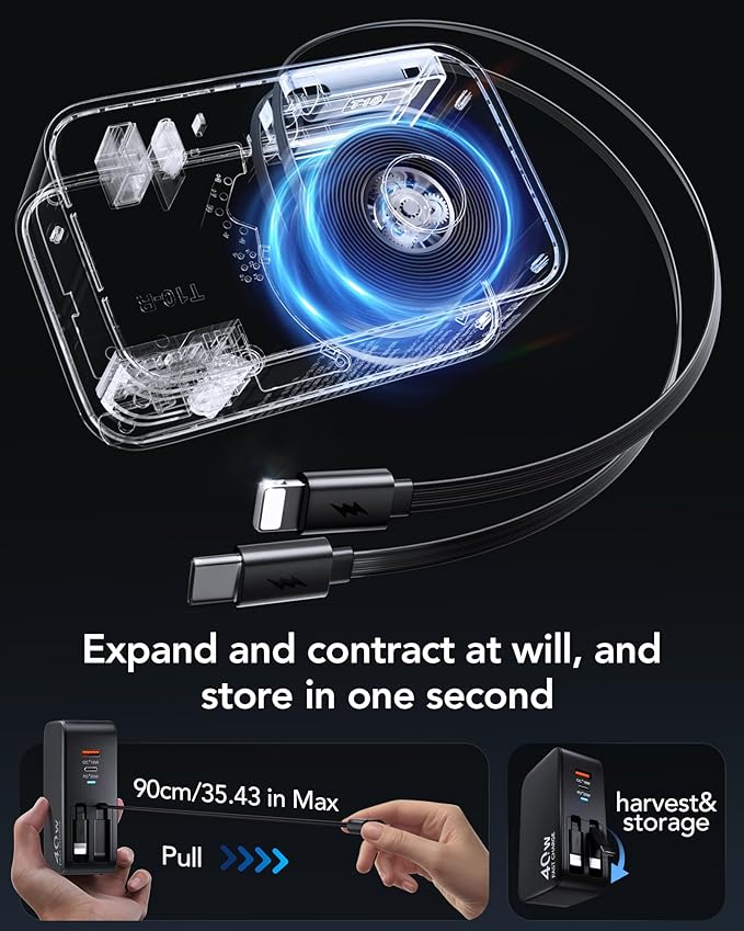 Retractable USB C Charger Wall Plug with 35.5in/90cm Type C Cables Cords,40W Fast Charging Foldable Block Multi Charger for All Devices for iPhone 17/16/15/14/13/12,iPad,Galaxy,Pixel