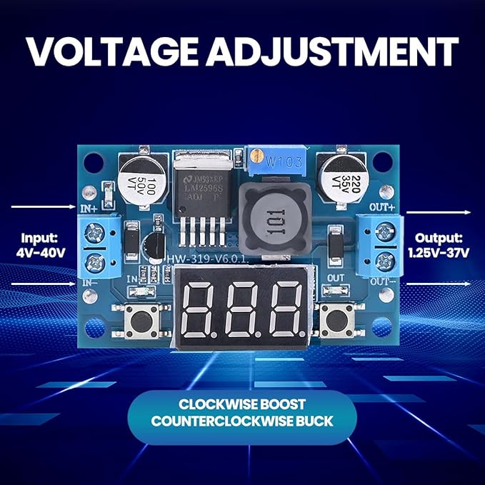 LM2596 Adjustable DC-DC Step-Down Buck Converter Module with LED Voltmeter Display, Voltage Regulator 4.0-40V Input to 1.25-37V Output Power Supply Module (Pack of 2)