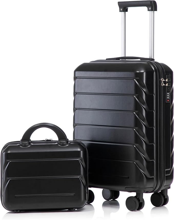 Kids Luggage Sets for Girls, 2 Piece Luggage Set, 20 Inch Rotating Wheel Suitcase with 14 Inch Cosmetic Case, Lightweight Hardshell Suitcase with 360° Spinner Wheels for Travel (Black)