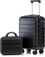 20 Inch Carry on Luggage with 14 Inch Cosmetic Case, 2 Pcs Hardshell Lightweight Durable Spinner Suitcase Set for Travel, Women, Men, TSA Lock, ABS, 20+14 Inch, Black