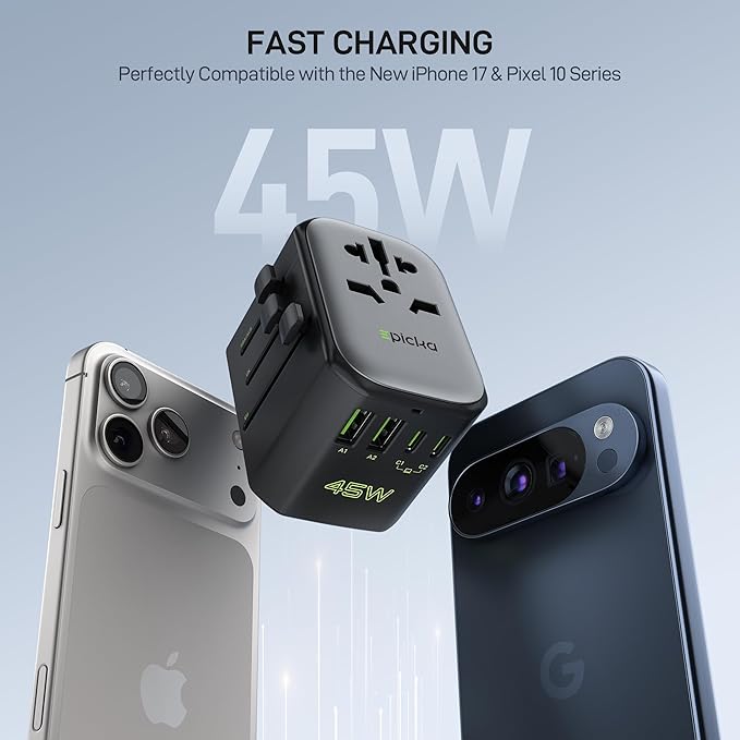 EPICKA Pulse 45W International Power Adapter, Universal Travel Adapter with PD Fast Charging, 5-Port (1 AC/2 USB-A/2 USB-C) European Travel Plug Adapter, Travel Essentials (Black)