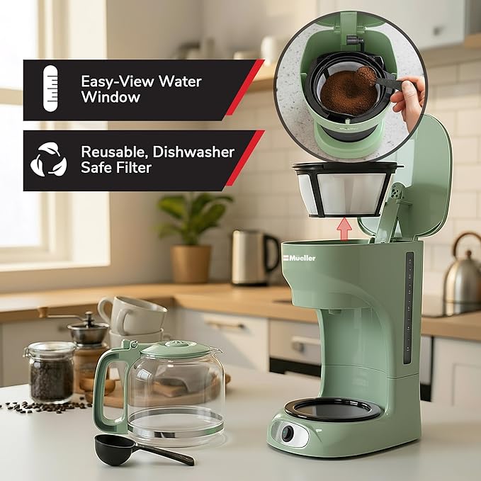 MUELLER HOME 12-Cup Drip Green Coffee Maker, Borosilicate Carafe, Auto-Off, Reusable Filter, Anti-Drip, Keep-Warm Function, Clear Water Level Window, Green Kitchen Accessories & Décor