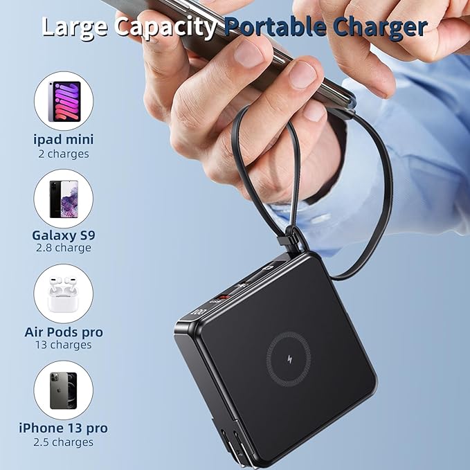 Wireless Charging Portable Charger with Built-in Cables & AC Wall Plug, 10000mAh Power Bank with LED light, PD 22.5W Fast Charging Travel Portable Charger for iPhone, Samsung, Android(No-Magnetic)