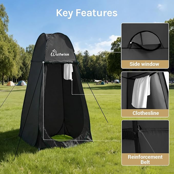 Wolfwise Pop Up Shower Tent for Camping, Portable Instant Changing Tent with Ventilation Window & Carry Bag, Privacy Bathroom Toilet for Beach & Outdoor, Standard, Dark Black