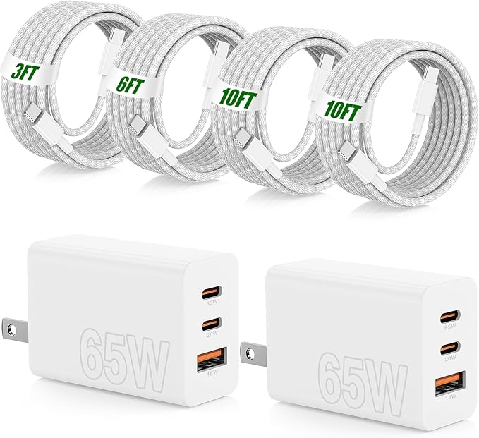 65W Super Fast Charger Type C for Samsung,3 Port 100W Quick Charging 3.0 USB C Block & 3/6/10/10FT Braided Type C Cord for Samsung Galaxy S26 Ultra/S26/S25 Ultra/iPhone 17 Pro/MacBook Pro/Air-White