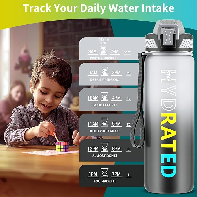 QLUR Water Bottle with Straw, 27oz Motivational Water Bottles with Time Marker to Drink, Tritan BPA Free, 750ml Sports Water Bottle with Carry Strap LeakProof for School Fitness Outdoor (1Pack)
