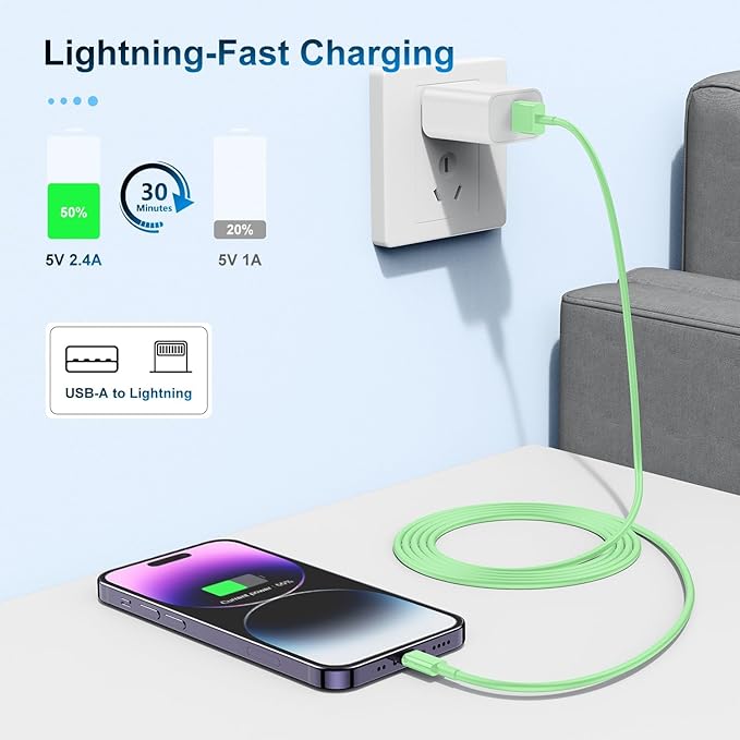 3 Pack Apple MFi Certified Charger Cable 10 Ft, Lightning to USB Cable Cord 10 Foot, 2.4A Fast Charging,Apple Phone 10 Feet Long Chargers for iPhone 14/13/12/11/X/XS/XR/SE/8/7 Plus Pro Max Mini Green
