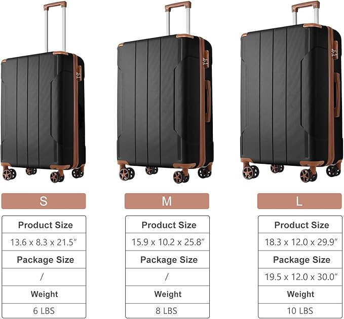 3 Piece Luggage Set, Hardside Suitcase with Spinner Wheels, TSA Lock & Expandable Hard Shell, Carry on and Checked Luggage for Travel, Maletas de Viaje for Men & Women(Black Brown 3 Sets, 20/24/28")