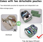 BOYATU Travel Makeup Bags Cosmetic Organizer Bag: 3-Set Large Capacity Make up Bag - PU Leather Toiletry Bags for Women - Wide Open Portable Pouch with Divider & Handle (03-Green-2)