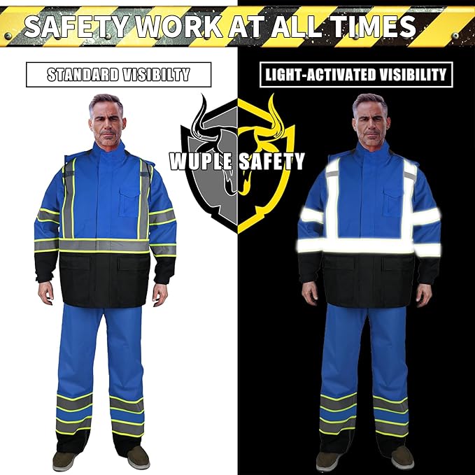 Hi Vis Rain Jacket, Rain Suits for Men with Removable Hood, Rain Coats for Men Interior Mesh, Class 3 High Visibility Rain Gear,Waterproof Zipper Blue S/M