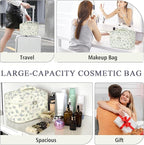 Gosect Large Travel Quilted Makeup Bag for Women,Big Floral Cotton Cosmetic Bag, Cute Coquette Aesthetic Floral Toiletry Organizer Bag (Blue Flower)