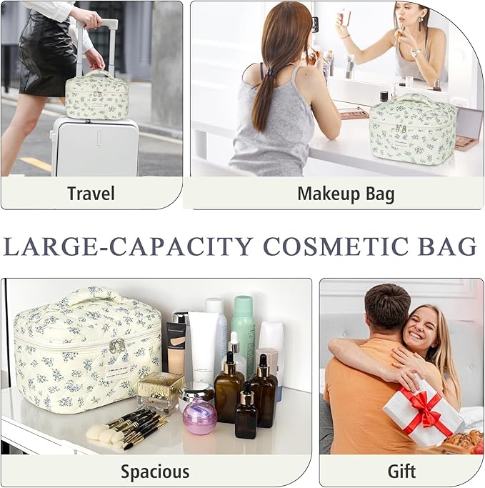 Gosect Large Travel Quilted Makeup Bag for Women,Big Floral Cotton Cosmetic Bag, Cute Coquette Aesthetic Floral Toiletry Organizer Bag (Blue Flower)