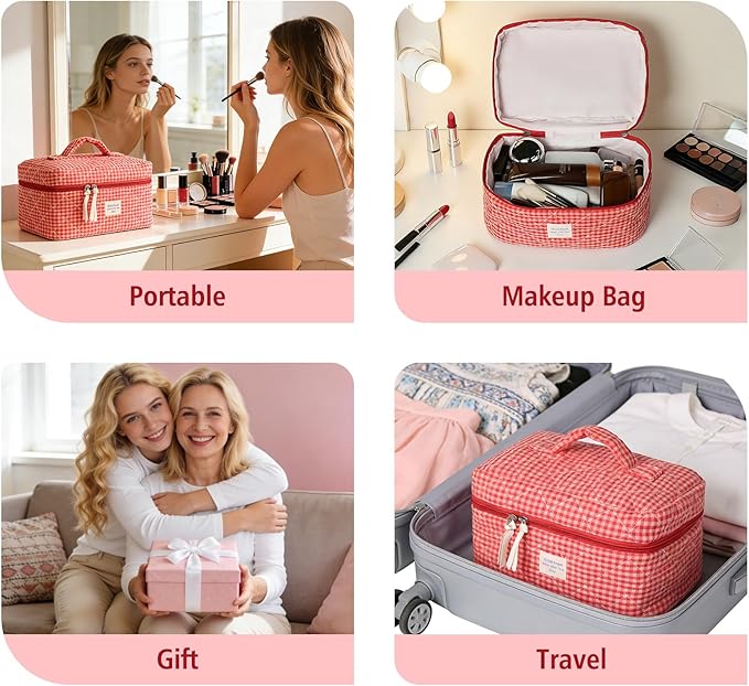Gosect Large Makeup Bag, Cute Cosmetic Bag for Women Girls, Floral Coquette Aesthetic Toiletry Bag, Travel Make Up Organizer Bag(Red Checkered)