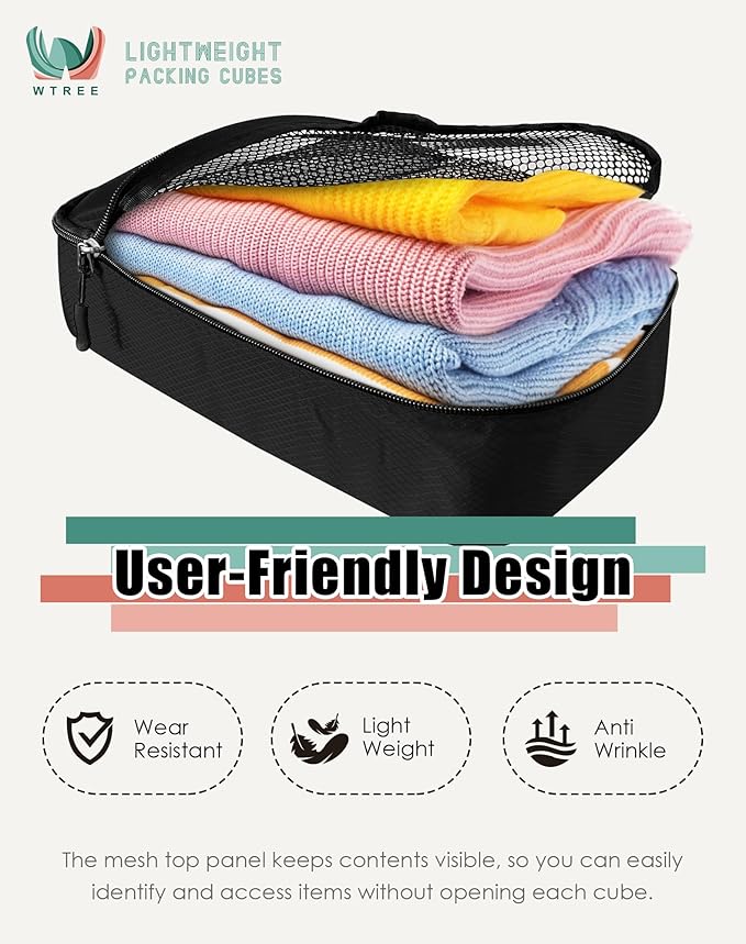 WTREE 4-Piece Packing Cubes Travel Accessories Set for Suitcases - Luggage Organizer Bags with Double Zipper - Mesh Top - Large - Black